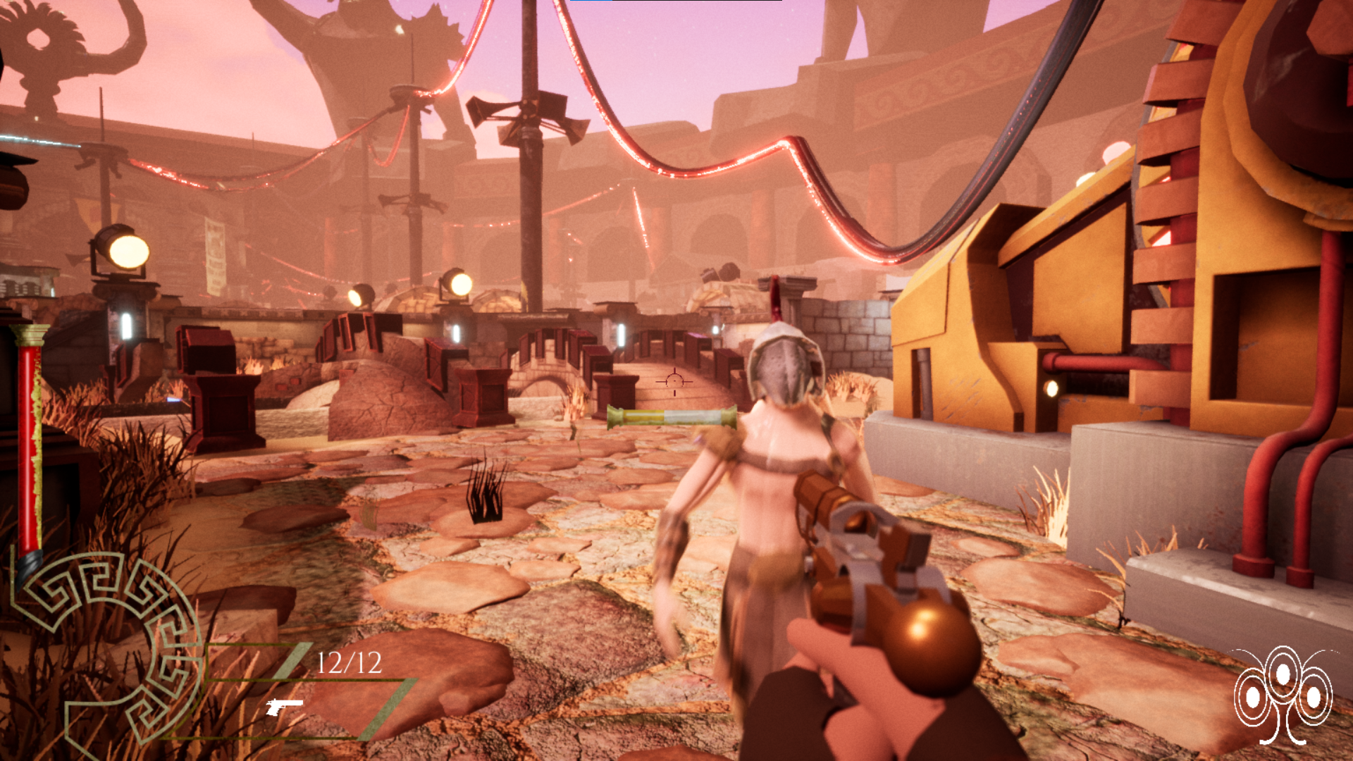 A screenshot of a video game co-developed by Ethan Edelen. It shows the interior of a sprawling, modernized roman colosseum at dusk.