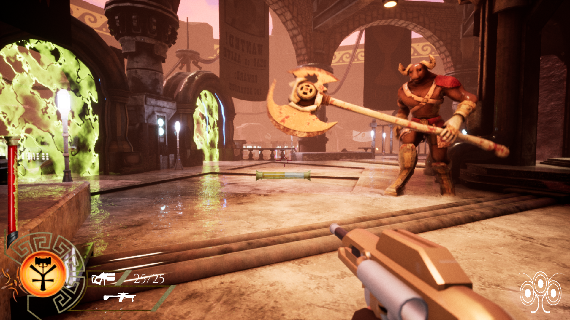 A screenshot of a video game co-developed by Ethan Edelen. It shows the interior of a sprawling, modernized roman colosseum at dusk, with a minotaur present.